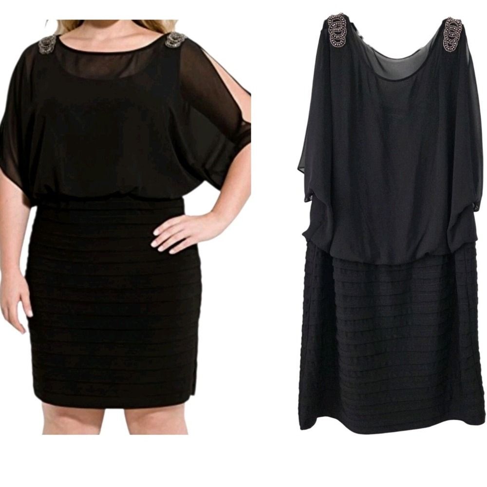 R&M Richards 18W Black Party Cocktail Mini Dress Tiered Skirt‎ Lined Chiffon Top